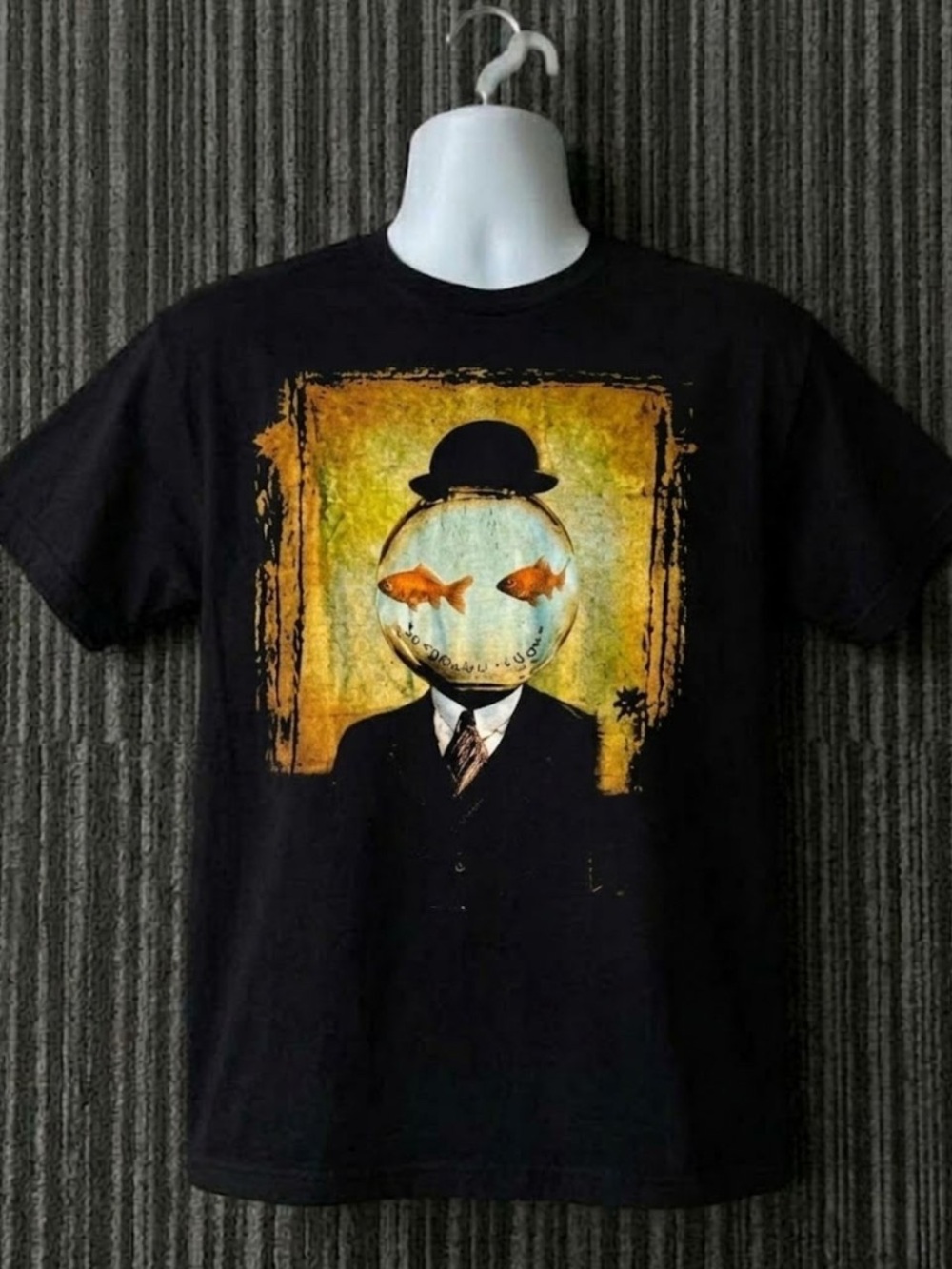 Surrealist Fish Bowl Man Oil Painting Graphic T-Shirt Gildan 5000 Cotton Tee